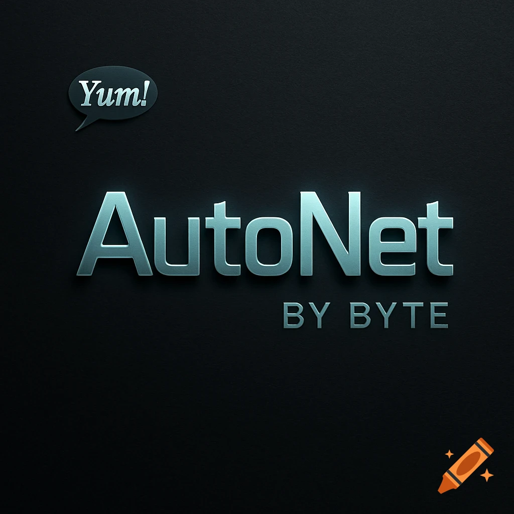 A dark, textured background featuring the metallic, glossy text "AutoNet" prominently in the center, with "BY BYTE" smaller below it. In the top left corner, a gray speech bubble contains the word "Yum!".
