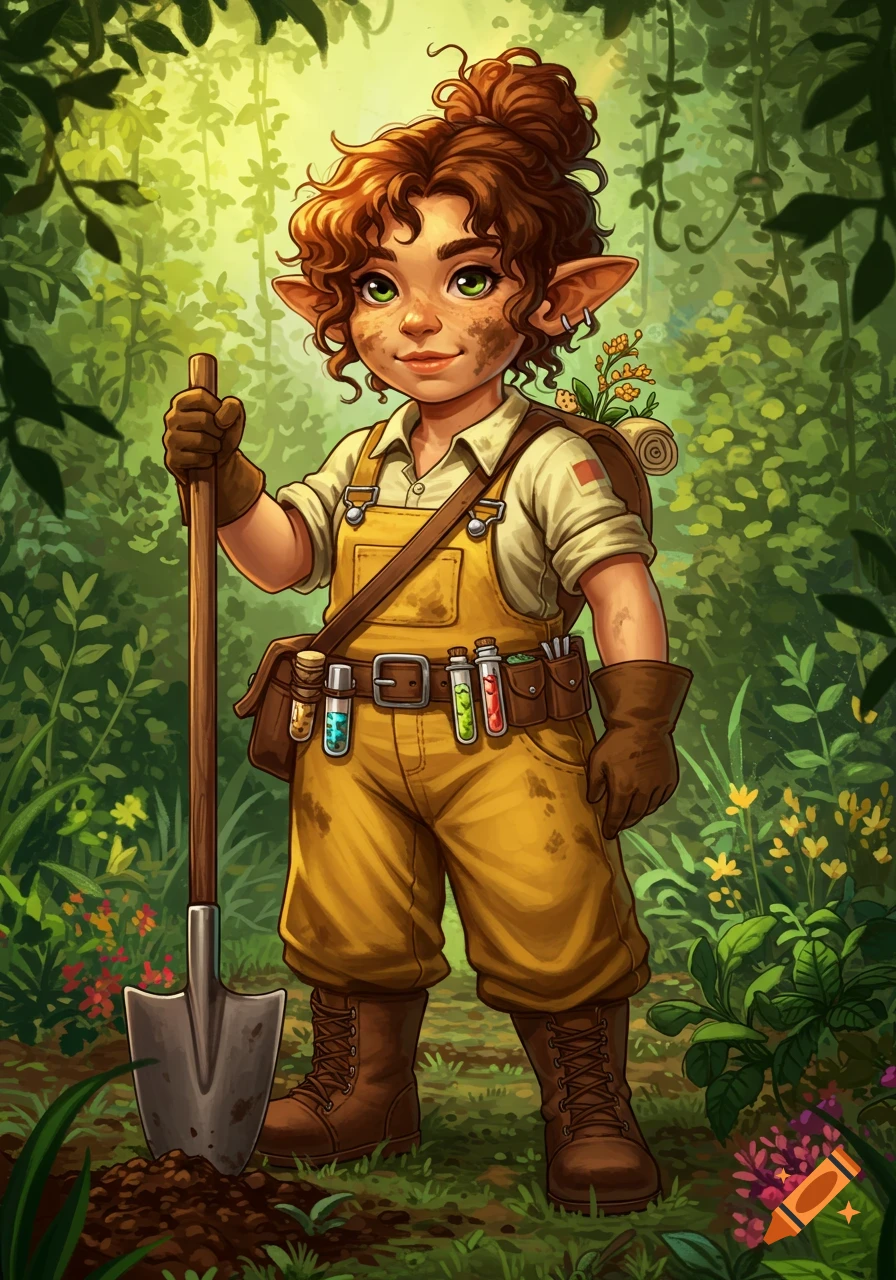 A cheerful cartoon halfling gardener with dirty overalls and a shovel stands in a lush green forest, vials on her belt.