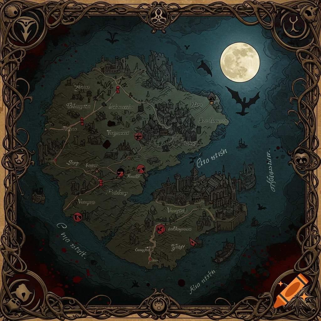 A dark fantasy-style map with an ornate, gothic border, showing landmasses, cities, roads, and surrounding water under a full moon with bats.