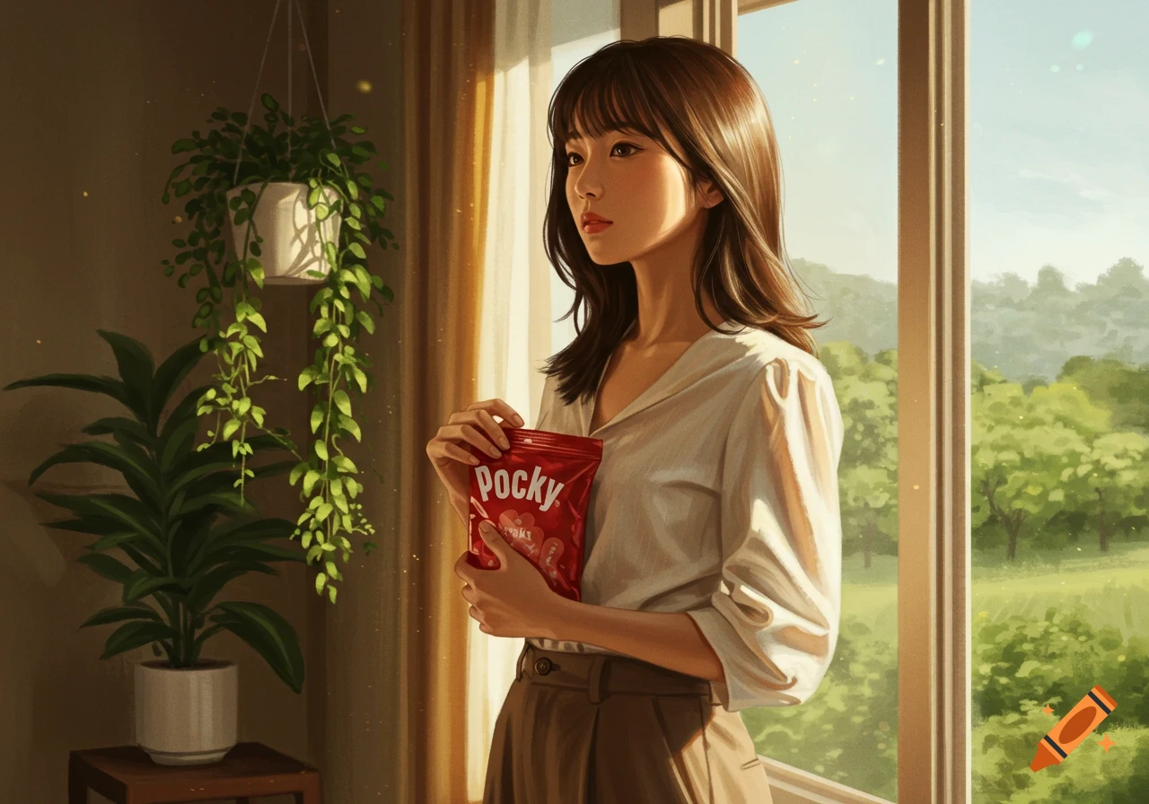 A realistic painting of a woman holding a Pocky bag, standing by a window with houseplants, bathed in sunlight.
