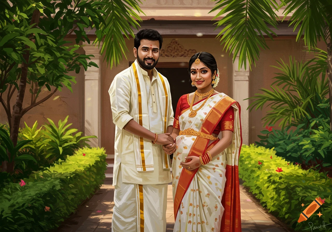 A digitally painted portrait of a smiling South Indian couple, the woman pregnant in a red and white saree, and the man in white traditional attire, in a garden.
