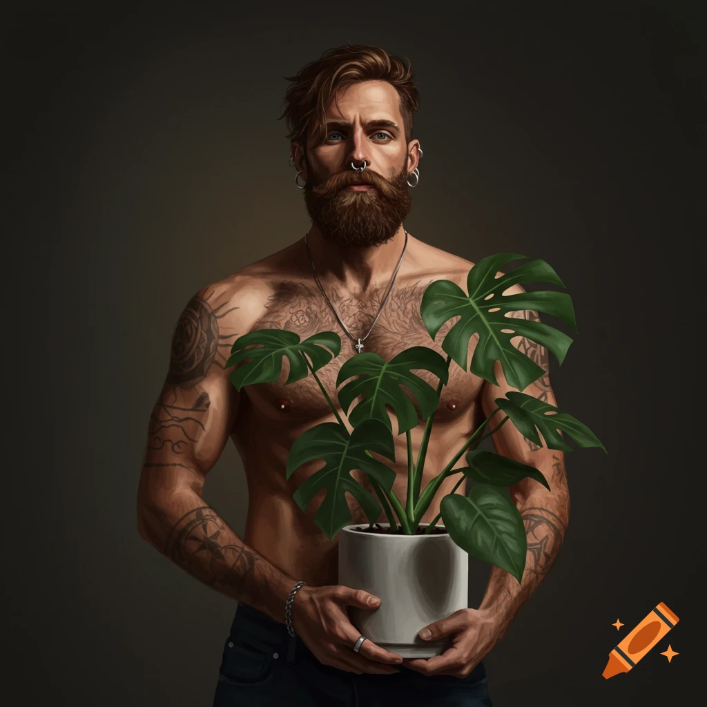 A photorealistic portrait of a bearded, tattooed, and pierced shirtless man holding a Monstera plant in a white pot.