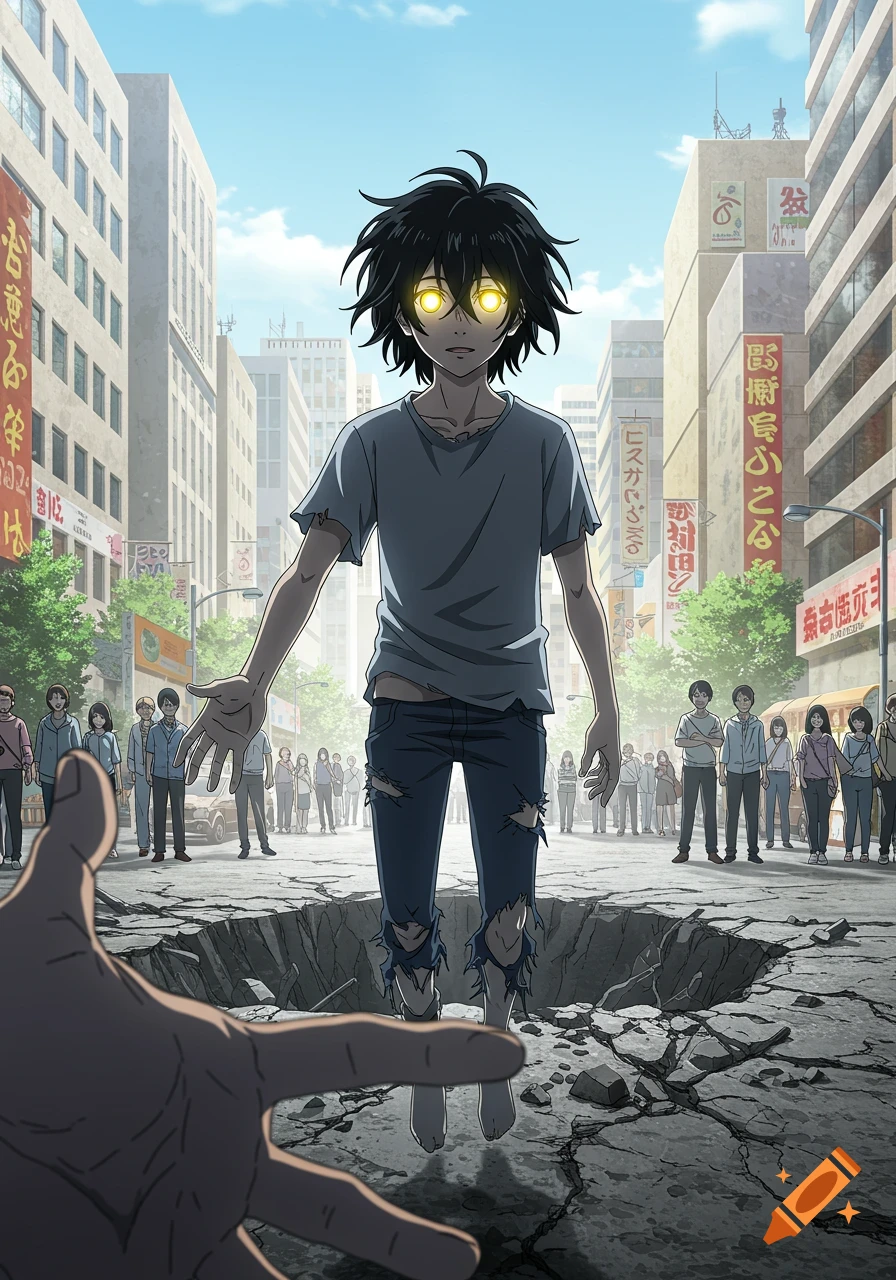 An anime young man with glowing yellow eyes floats above a street crater in a city, reaching out to the viewer as a crowd watches.