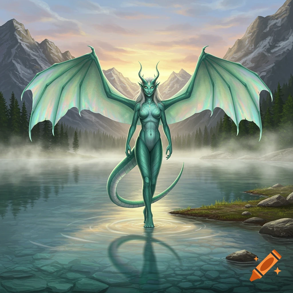 A green humanoid dragon with large wings and horns stands in a misty lake at sunrise, with mountains and trees in the background.