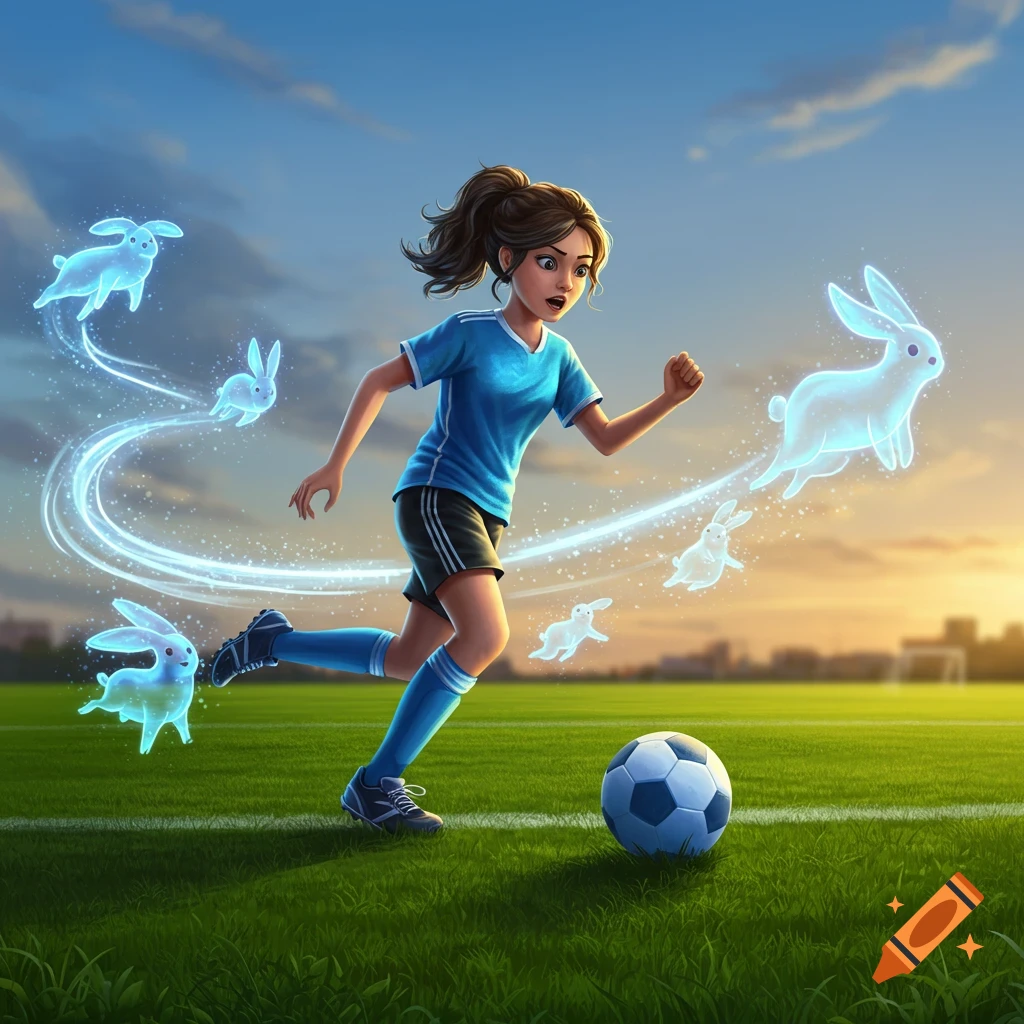 A young girl in a blue soccer uniform runs on a green field with a soccer ball, surrounded by glowing blue rabbit spirits.