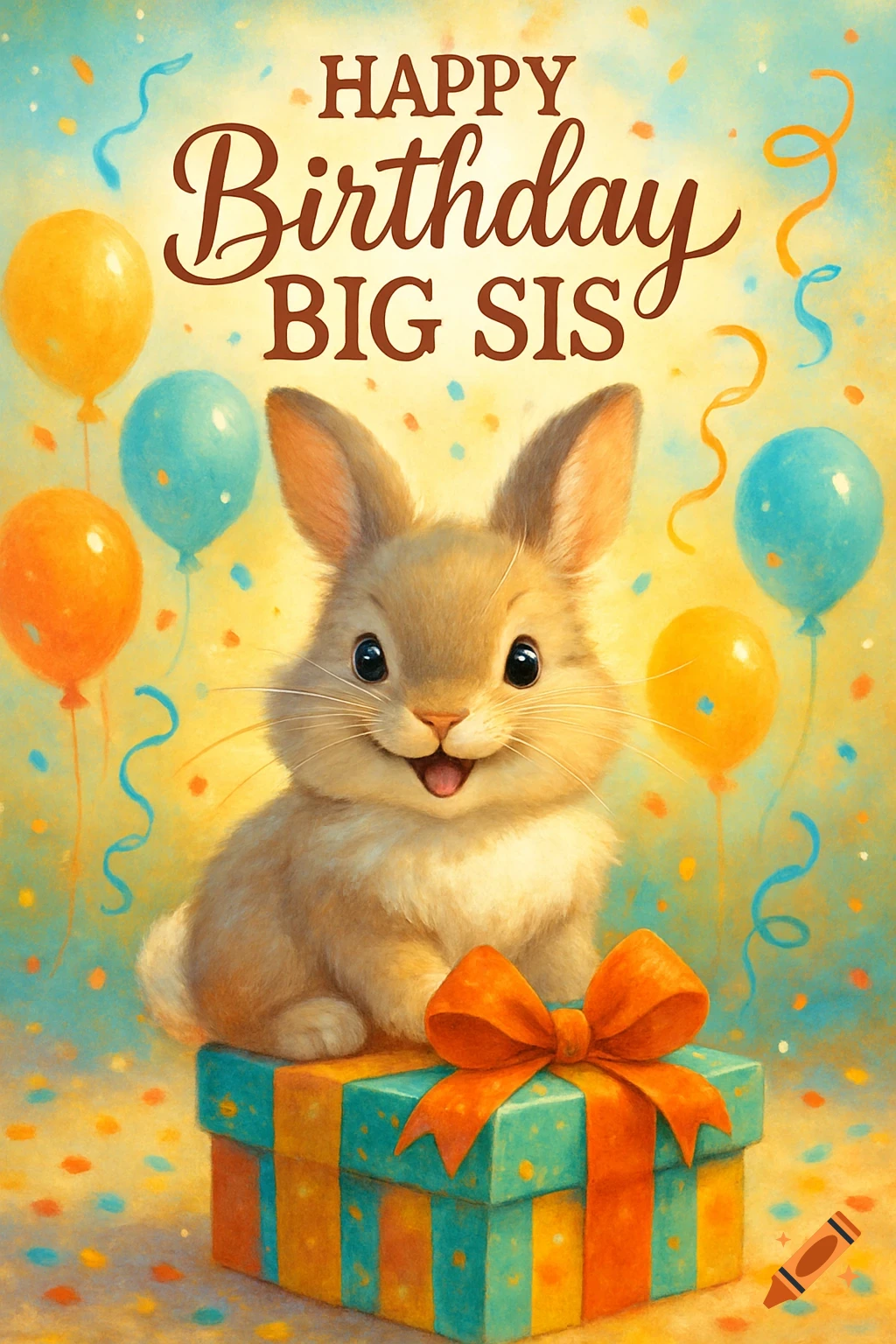A cute brown bunny sits on a teal and orange gift box on a birthday card with 'HAPPY Birthday BIG SIS' text, balloons, and confetti.