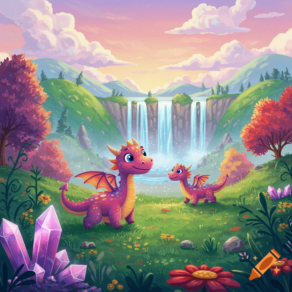 Two friendly, cartoon-style pink and purple dragons in a vibrant magical landscape with waterfalls, mountains, colorful trees, and large pink crystals.
