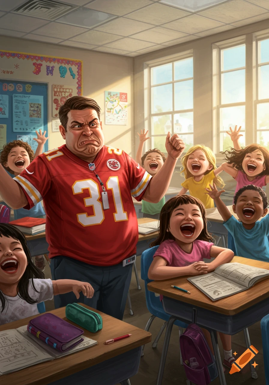An illustration of a disgusted teacher in a red Chiefs jersey with '31' on it, surrounded by laughing children in a classroom.