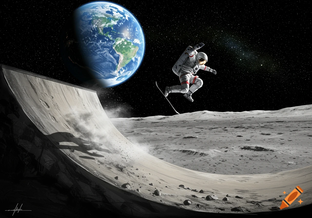 An astronaut on a skateboard does a kickflip on a half-pipe on the moon, with Earth and stars in the background.