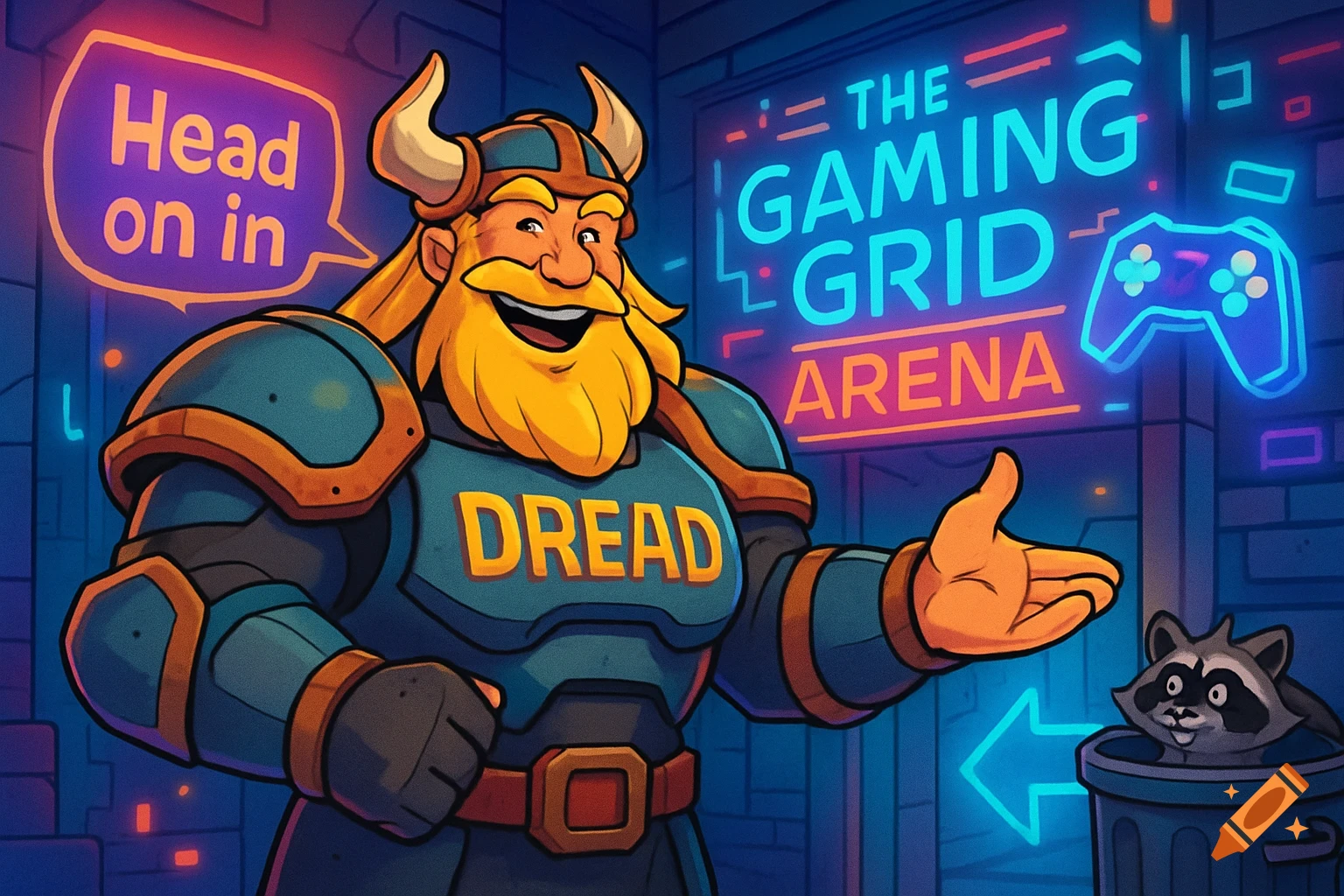 Cartoon cyberpunk image of a Viking bouncer labeled "DREAD" welcoming to "The Gaming Grid Arena" with a raccoon nearby.