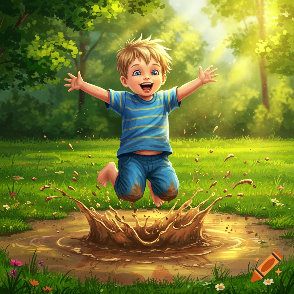 A happy cartoon boy with blonde hair and blue eyes jumps bare-footed in a muddy puddle, splashing mud, in a sunny green park.