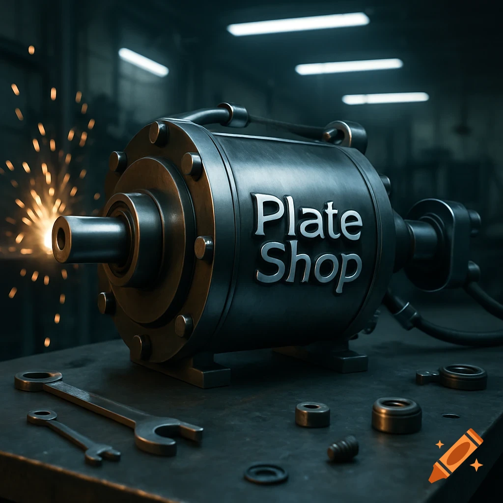 Photorealistic image of a hydraulic barrel with 'Plate Shop' text, tools, and sparks in a workshop.