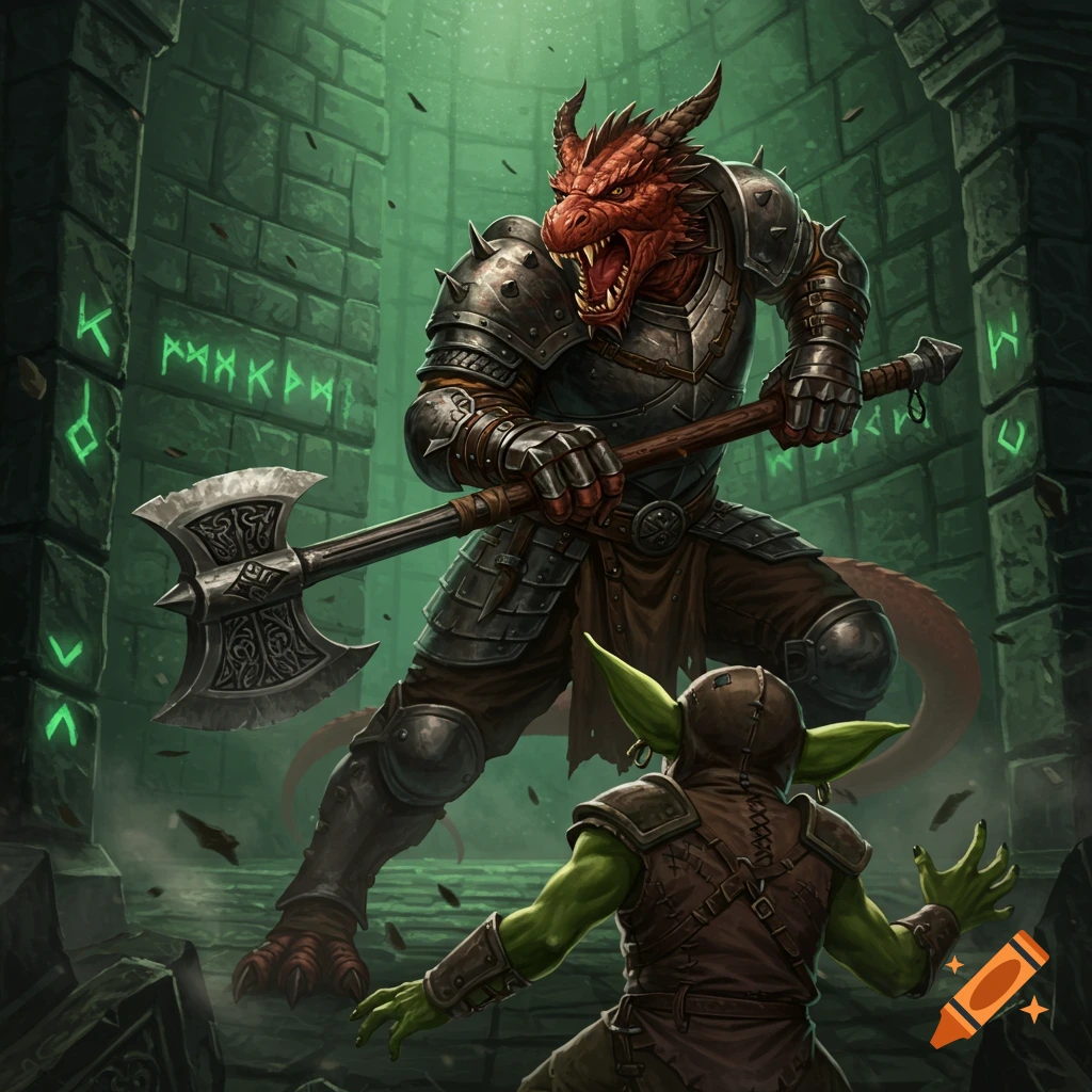 A powerful red dragonborn fighter in heavy armor wields a large axe, towering over a cowering green goblin in a dark, mossy stone dungeon with glowing runes.