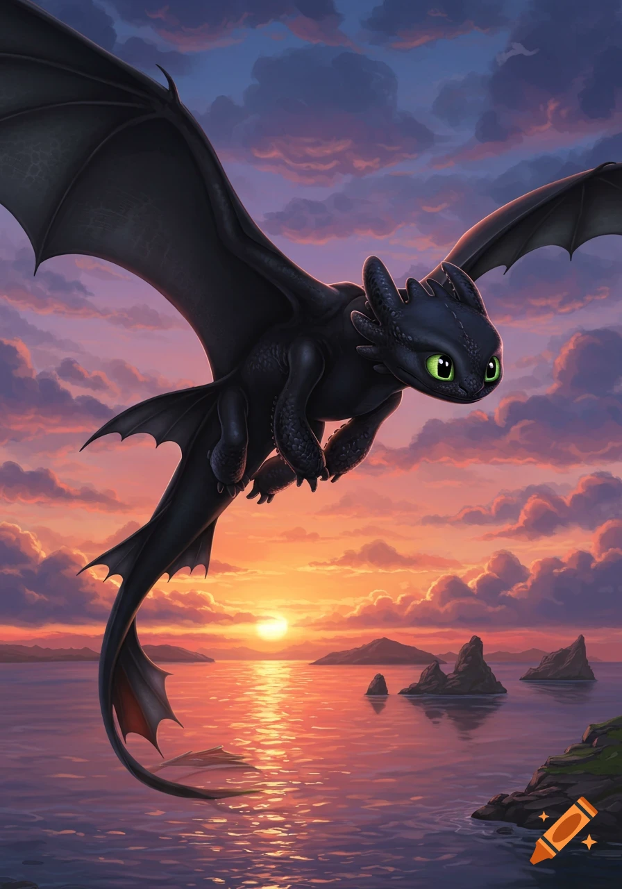 A black dragon with bright green eyes, Toothless, flies over a calm body of water during a vibrant sunset with orange and purple clouds.