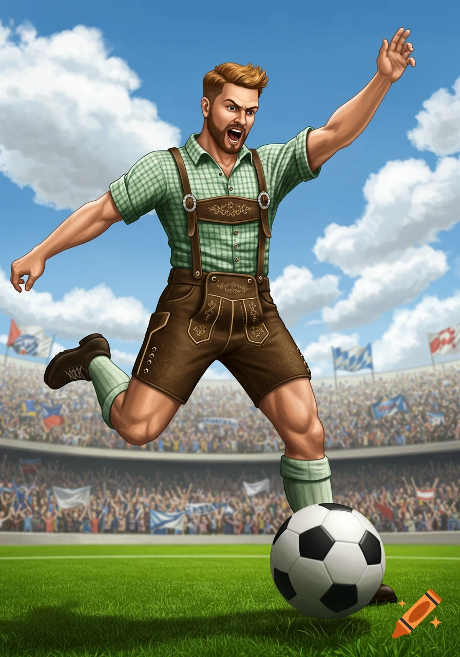 An illustrated man in lederhosen kicks a soccer ball in a stadium filled with cheering fans.