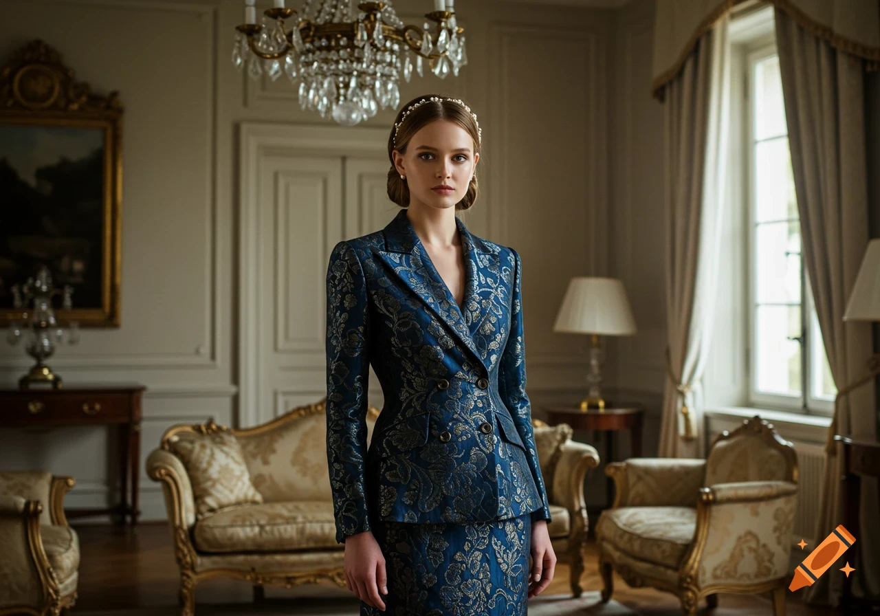 A young woman in a blue and gold brocade suit and pearl headband stands in a lavish, traditional room with antique furniture and a chandelier.