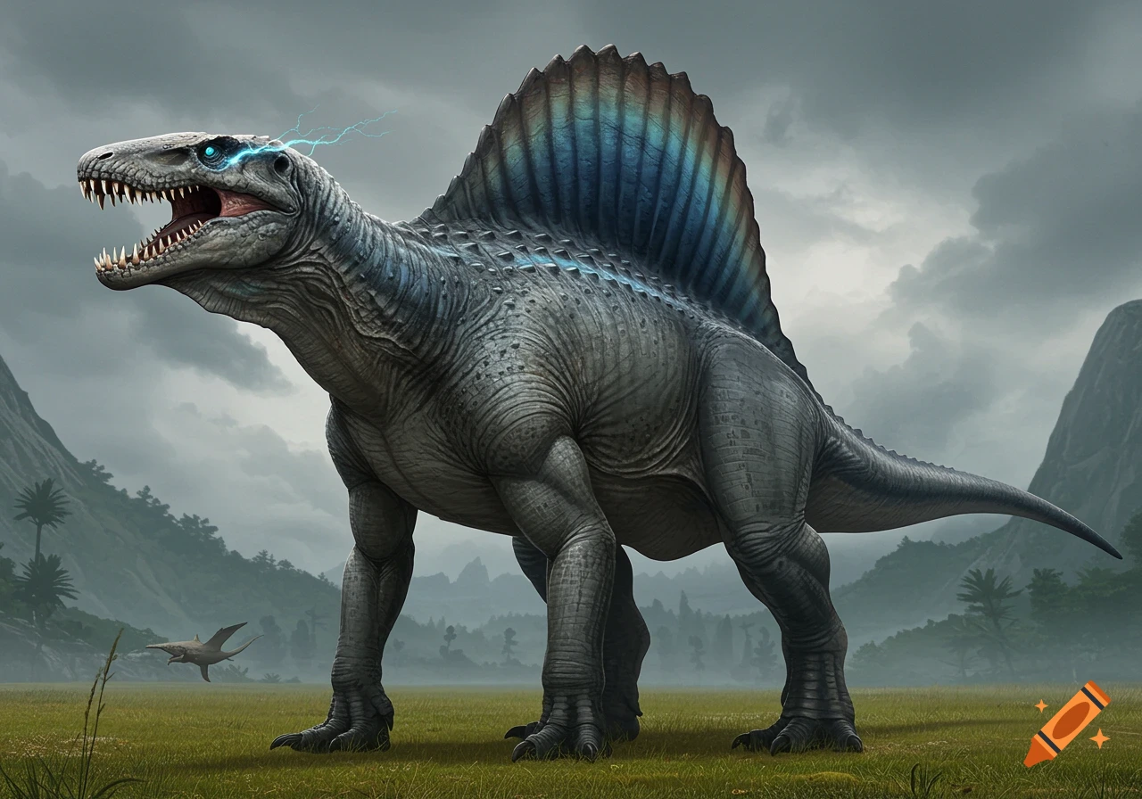 A large, muscular gray Spinosaurus-like dinosaur with a blue-tinged sail and glowing blue eyes stands in a grassy field.