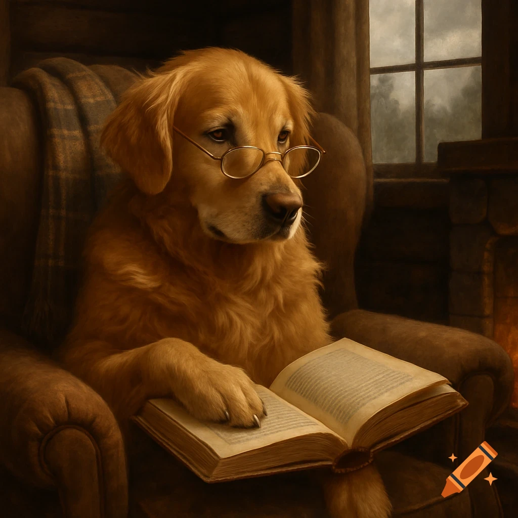 A golden retriever dog wearing glasses sits in a comfy armchair, holding an open book by a window and fireplace in a dim, cozy room.