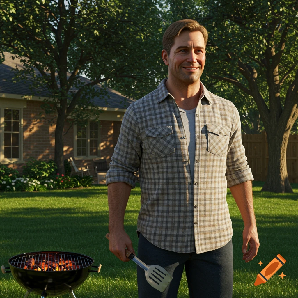 A smiling man in a plaid shirt holds a spatula while grilling in a backyard.
