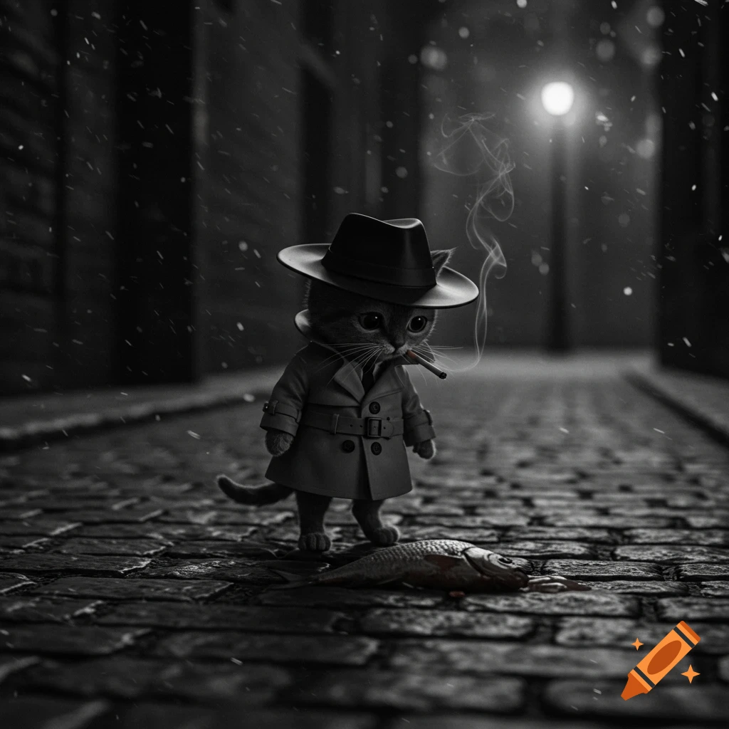 Black and white noir image of a kitten in a trench coat smoking, standing over a dead fish in a dark alley.