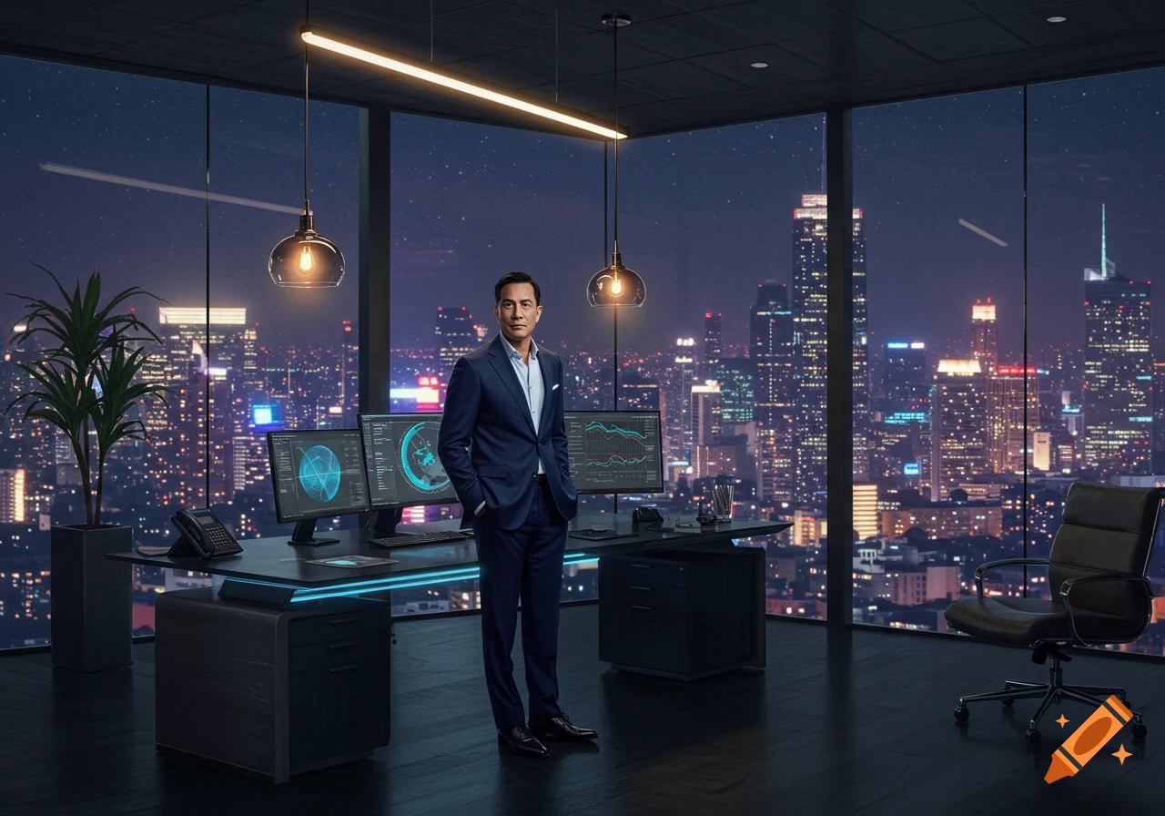 A man in a suit stands in a high-rise office overlooking a city skyline at night, with monitors on a desk.