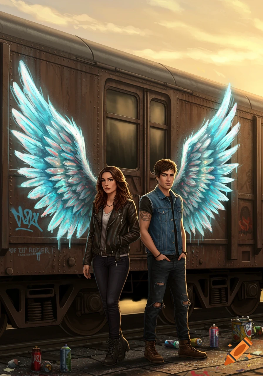 An illustration of a young woman and man standing in front of a train car with glowing blue angel wings graffitied on it.