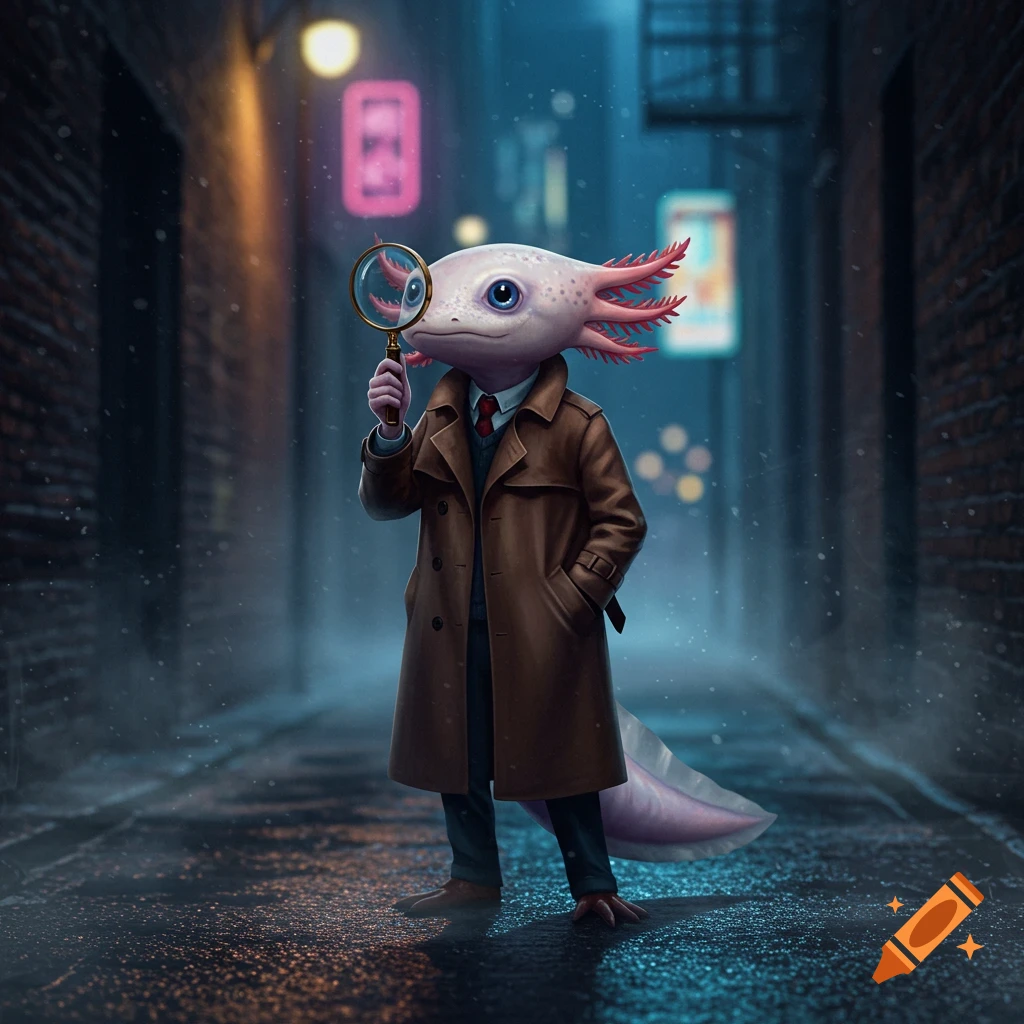 An anthropomorphic axolotl in a brown trench coat holds a magnifying glass in a dark, rainy city alley with neon lights.