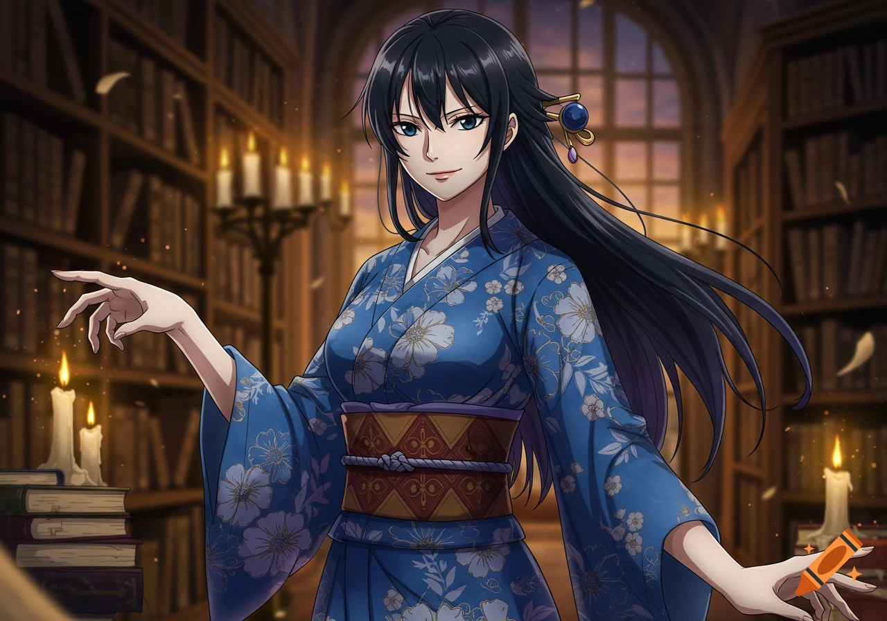Anime girl with dark hair in a blue floral kimono standing in a candlelit library.