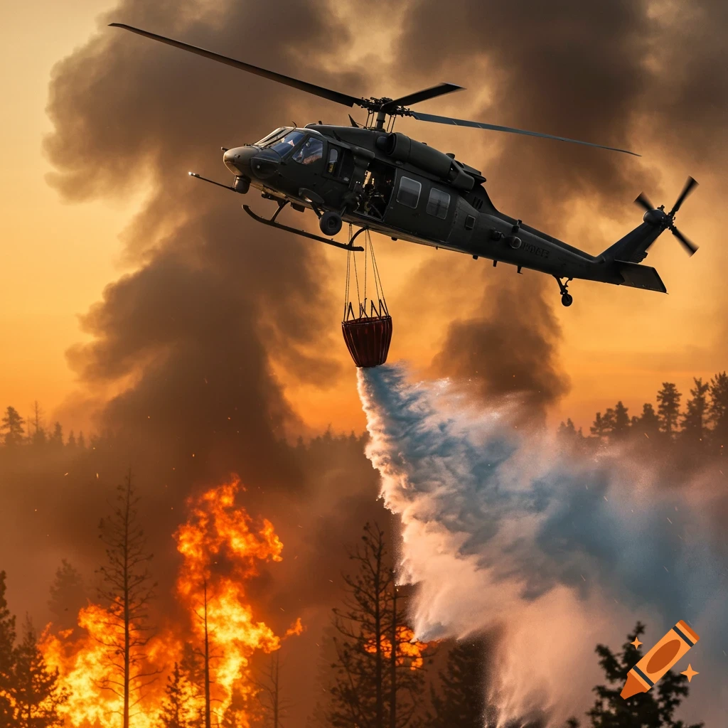 A dark helicopter with a water bucket drops water on a burning forest during a smoky sunset.
