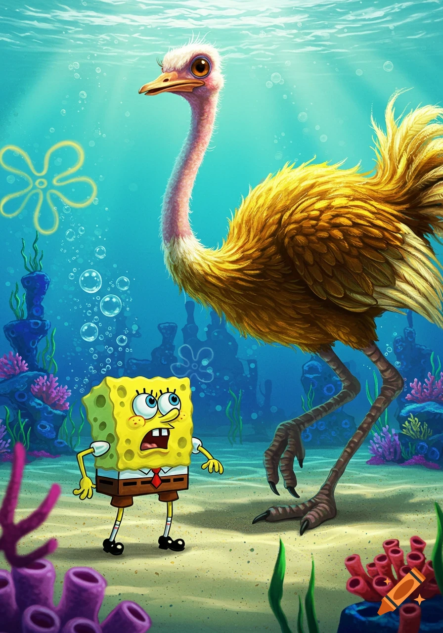 Spongebob SquarePants looks shocked as he encounters a giant ostrich underwater amidst colorful coral and bubbles.