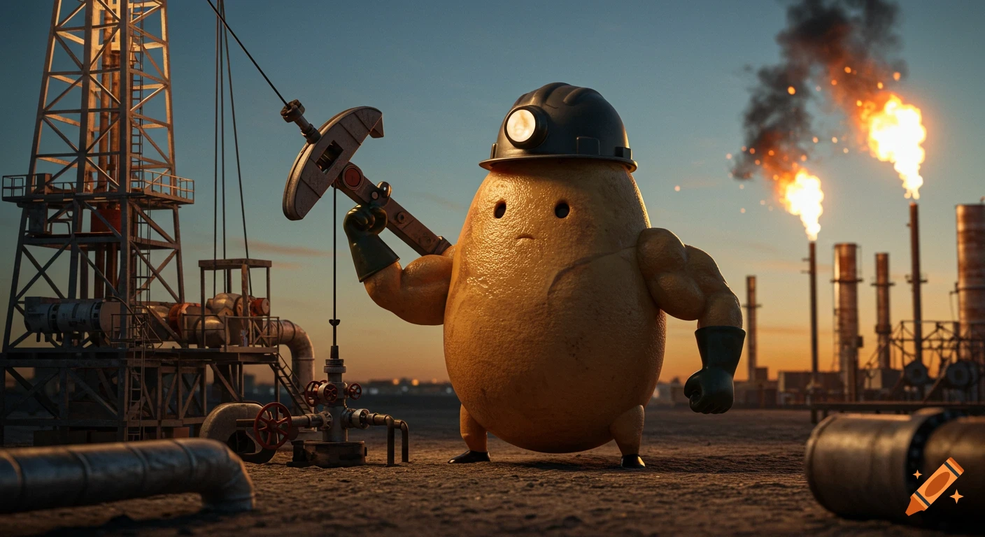 A buff potato wearing a hard hat and holding a pickaxe stands at an oil rig with burning gas flares in the background at sunset.