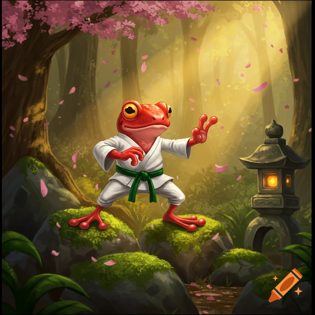 A red cartoon frog wearing a white gi with a green belt practices martial arts in a cherry blossom forest with a stone lantern.