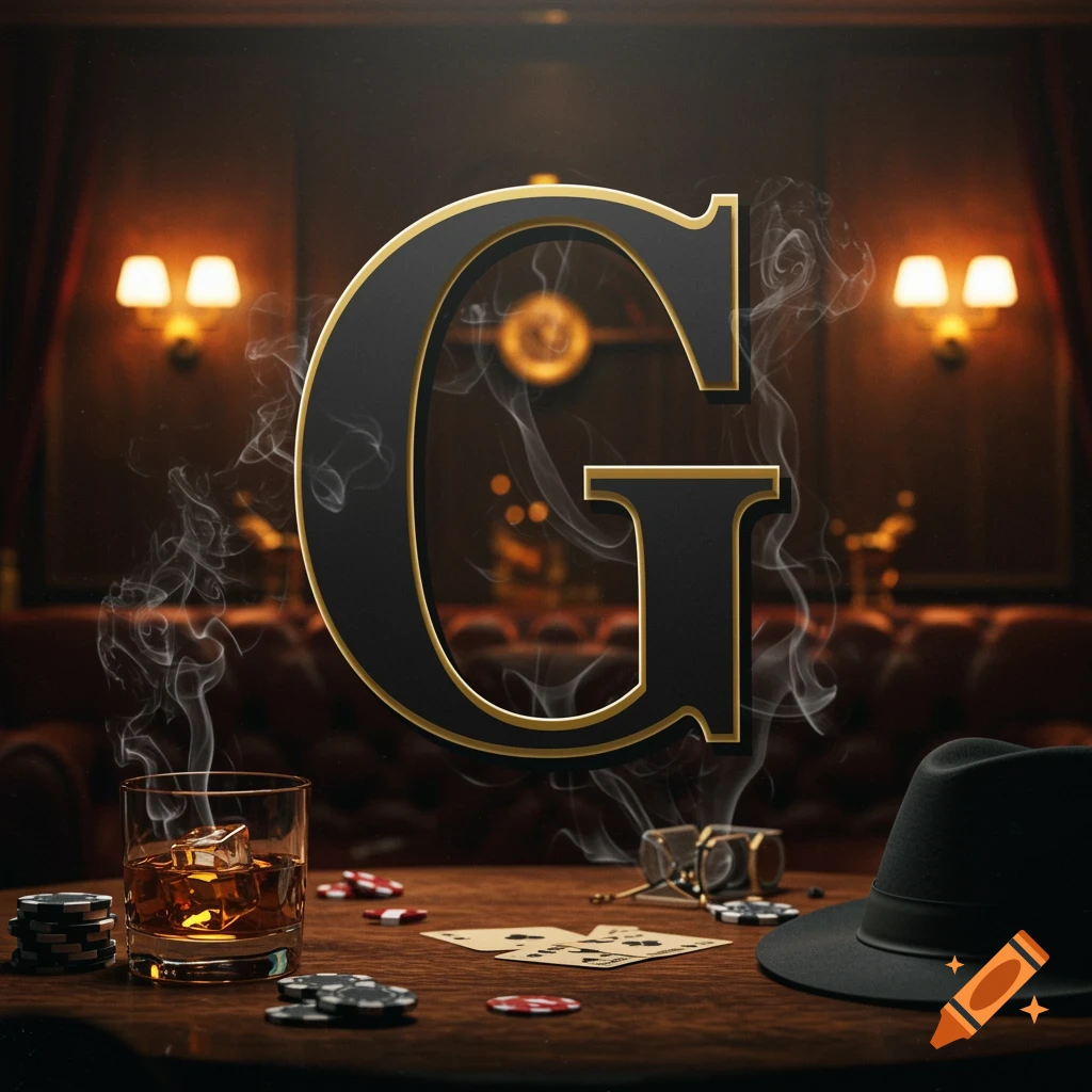 A large, stylized black and gold letter G with smoke, on a dark wooden table with whiskey, poker chips, cards, and a fedora.
