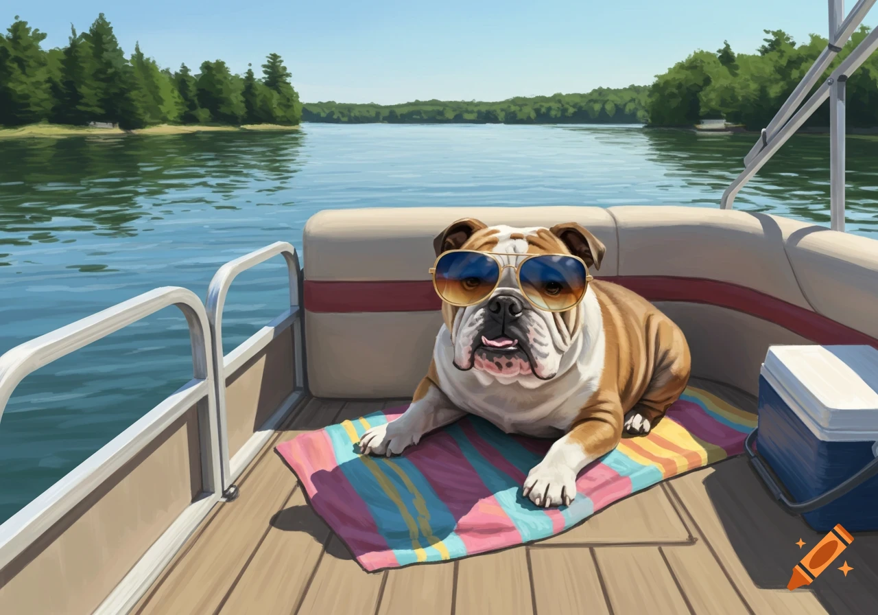A bulldog wearing sunglasses lies on a colorful towel on a pontoon boat in a lake on a sunny day.