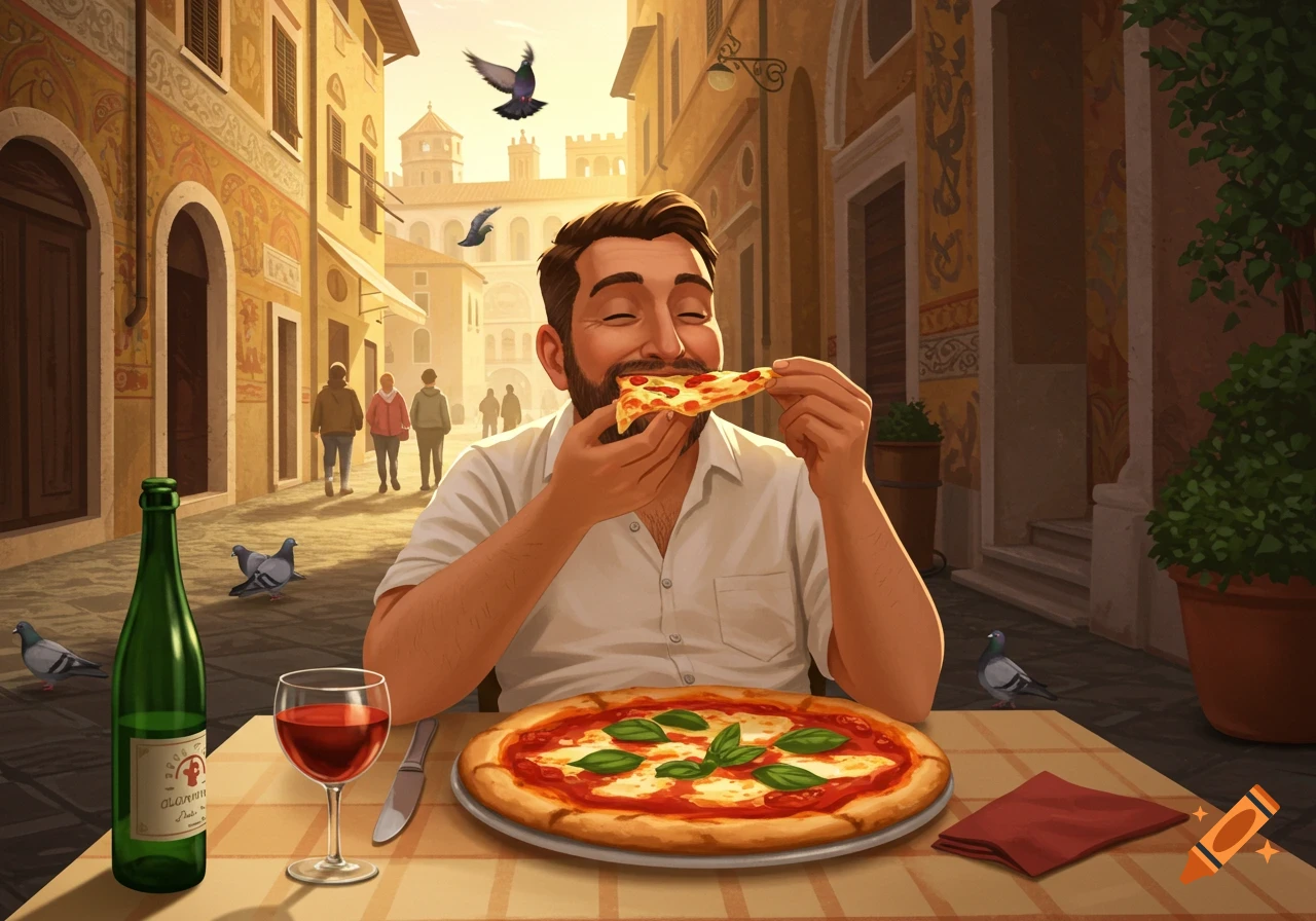 Illustrated man joyfully eating pizza at an outdoor cafe in a European city, with a wine bottle, glass, and pigeons nearby.