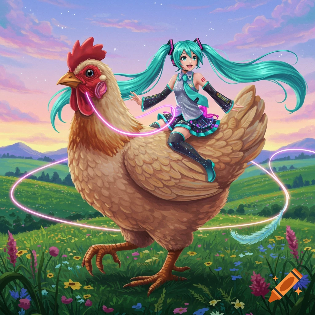 Hatsune Miku rides a giant brown chicken through a flower-filled field at sunset, in a vibrant anime art style.