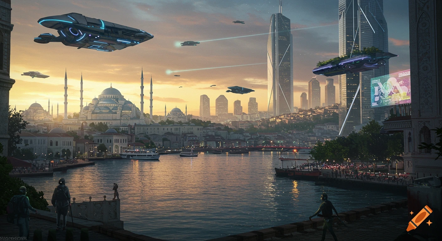 A futuristic city at sunset, blending ancient Byzantine domes and minarets with sleek skyscrapers and flying vehicles over a river.
