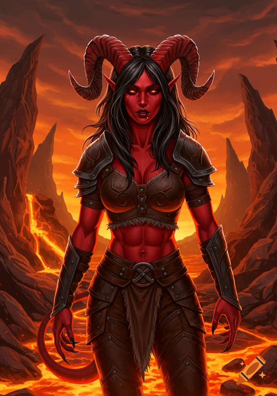 Digital painting of a red-skinned Tiefling barbarian woman with ram horns, black hair, and glowing eyes, wearing armor in a volcanic landscape.