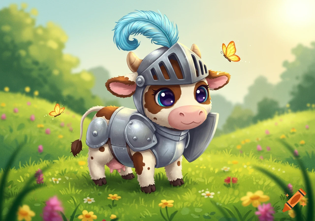 An adorable cartoon cow wearing knight armor with a blue feather on its helmet stands in a sunny green field with butterflies.