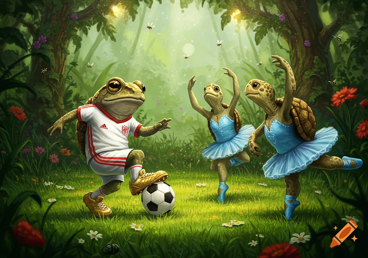 A whimsical illustration of a toad in a white soccer uniform kicking a ball while two turtles in blue ballet tutus dance in a lush forest.