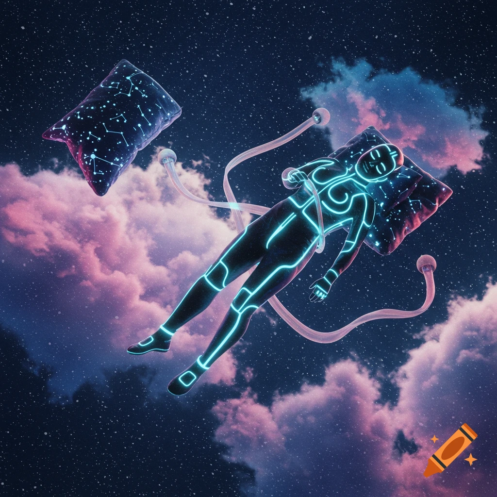A glowing neon figure sleeps on a constellation pillow, floating amidst pink clouds and stars in a dark, cosmic sky.