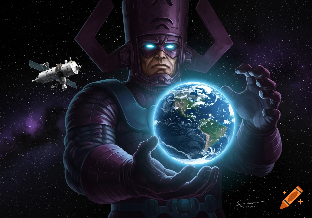The Marvel character Galactus in a purple suit, with glowing blue eyes, holds the Earth in his hands in outer space, with a space station nearby.