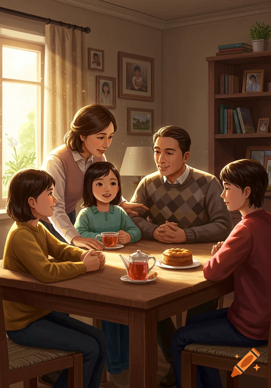 An illustration of an Asian family of four sitting around a table enjoying tea and cake in a sunlit room.