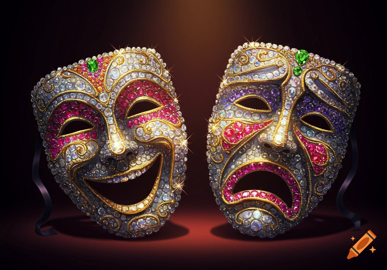 Two jeweled theatrical masks, one happy and one sad, sparkling against a dark background.