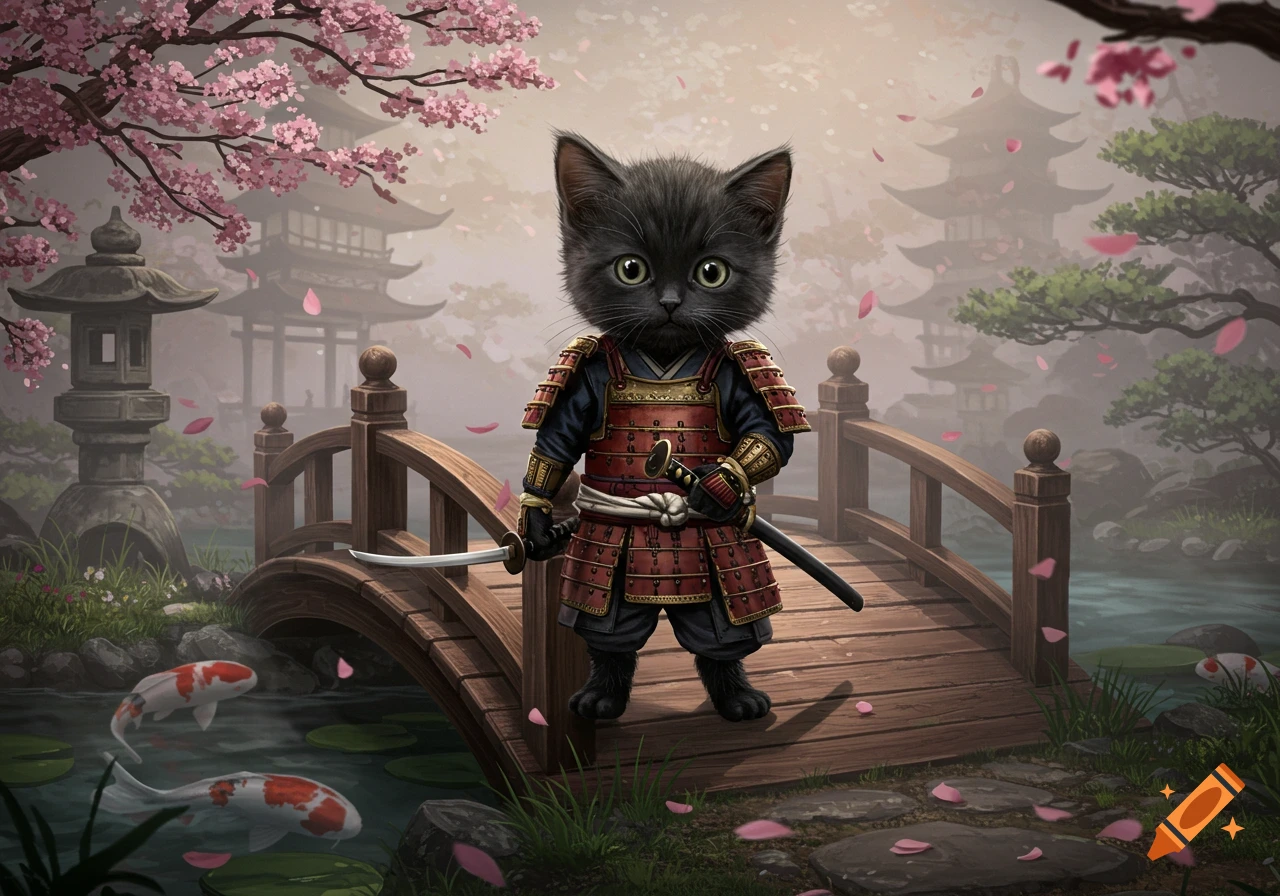 A tiny black kitten in samurai armor holds a katana on a wooden bridge in a misty Japanese garden with sakura petals and koi fish.