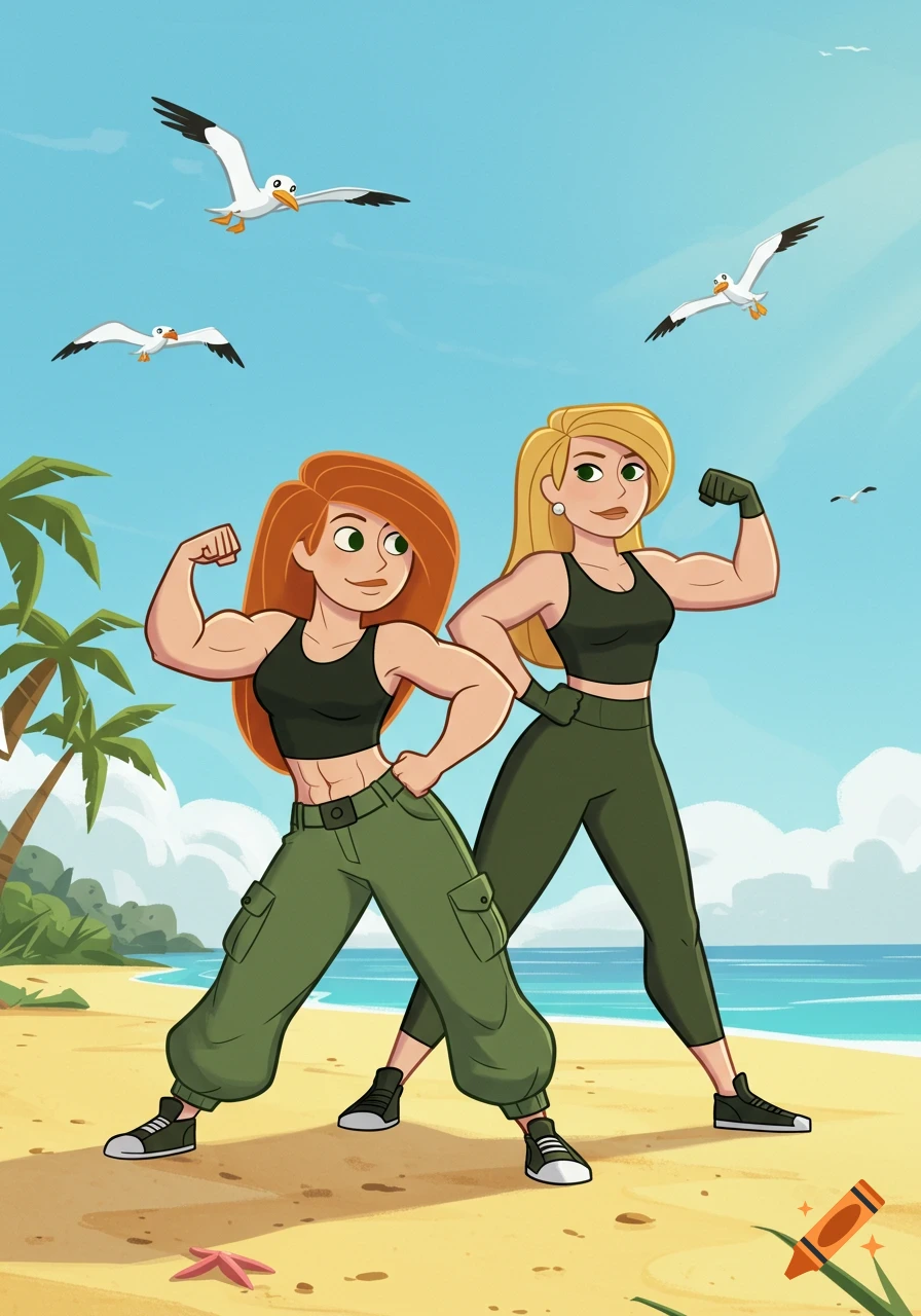 Kim Possible and her muscular mom flex at the beach, with palm trees and seagulls.