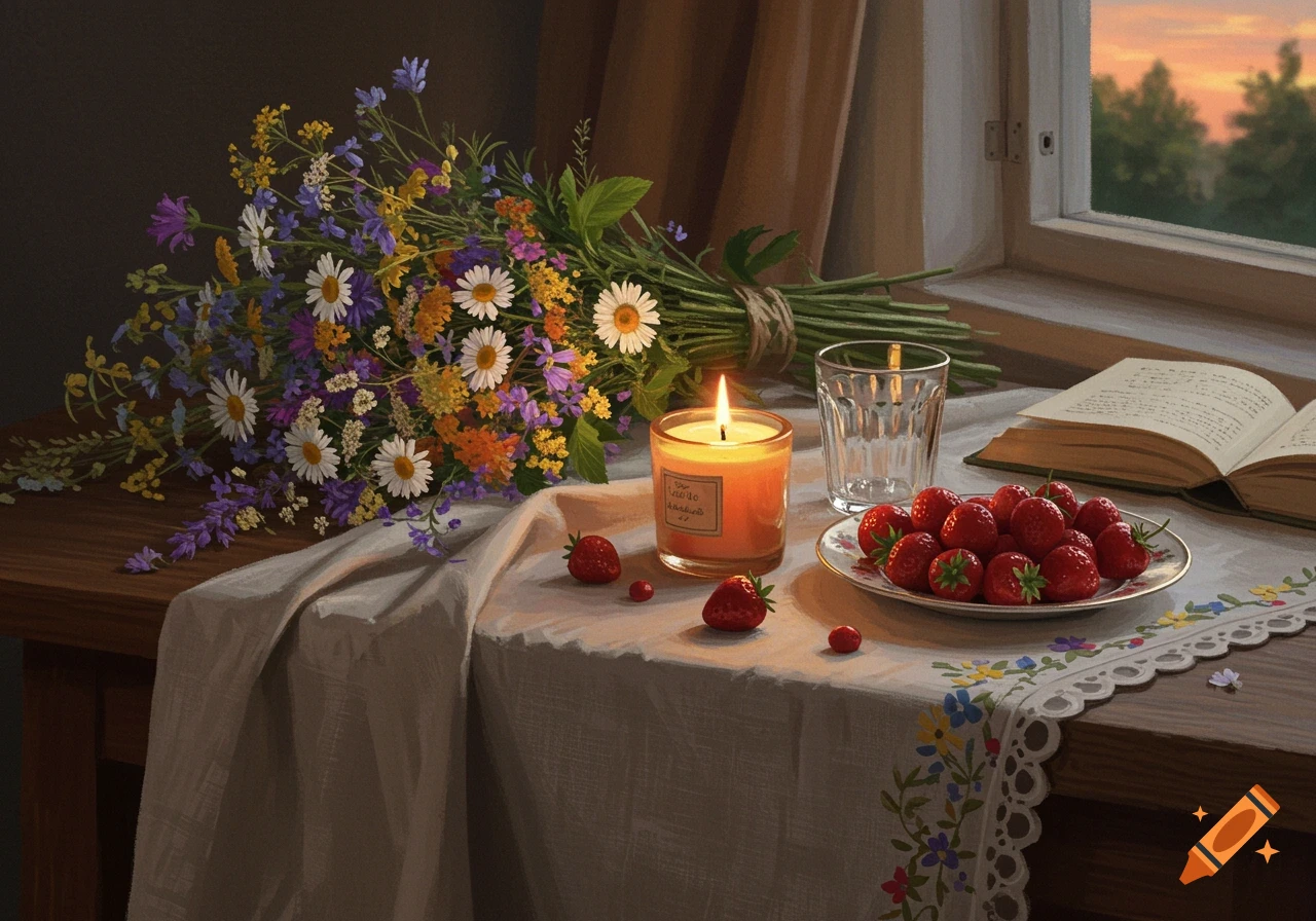 A still life scene features a bouquet of wildflowers, a lit candle, a plate of fresh strawberries, a glass, and an open book on a tablecloth, by a window at sunset.
