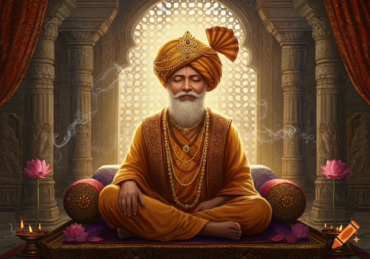 A wise, old man with a white beard and golden turban meditates in a richly decorated room, surrounded by lotus flowers and lamps.
