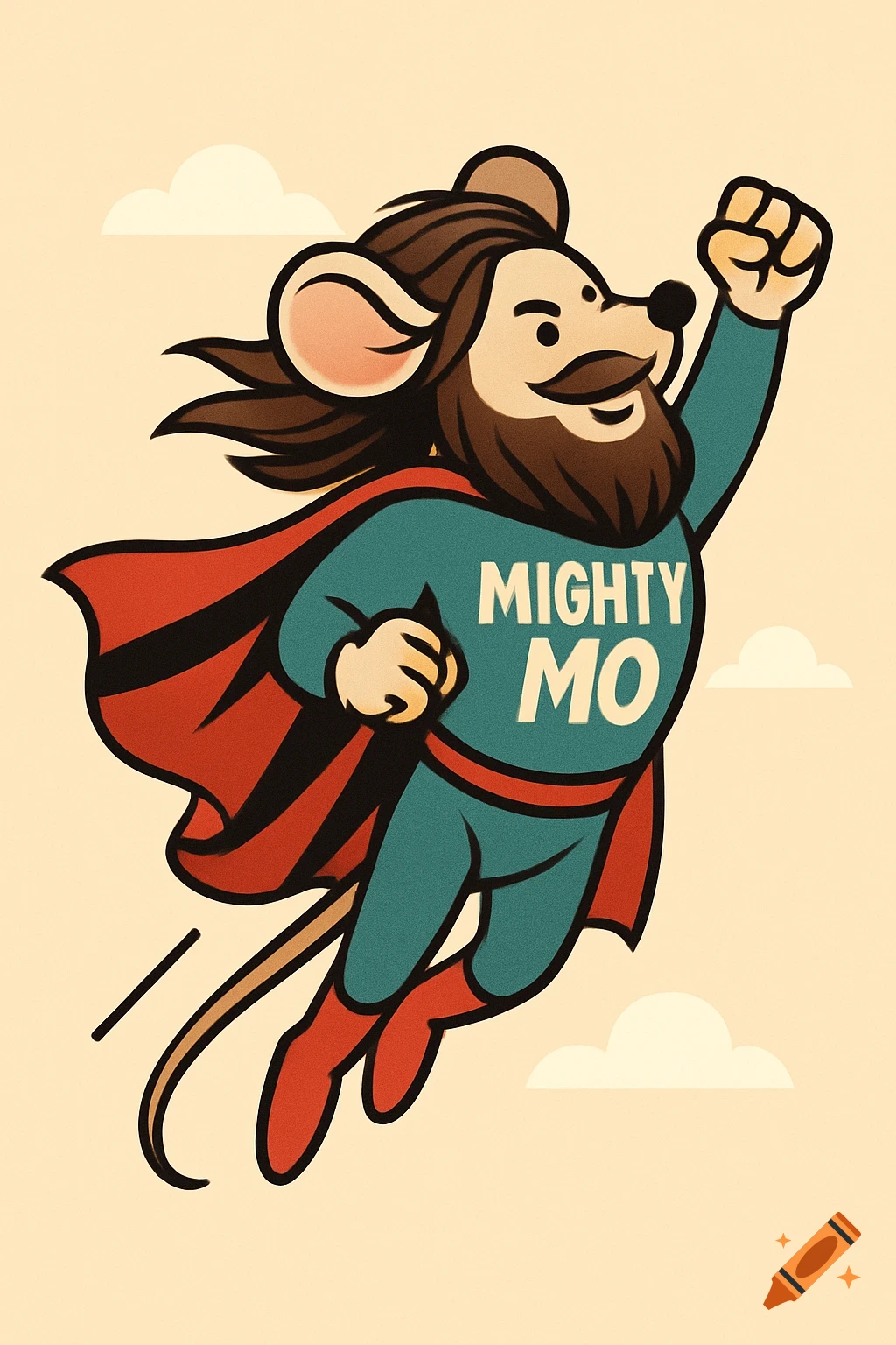 A cartoon superhero mouse with a beard and a red cape flies through the air, with the words "MIGHTY MO" on his teal costume.