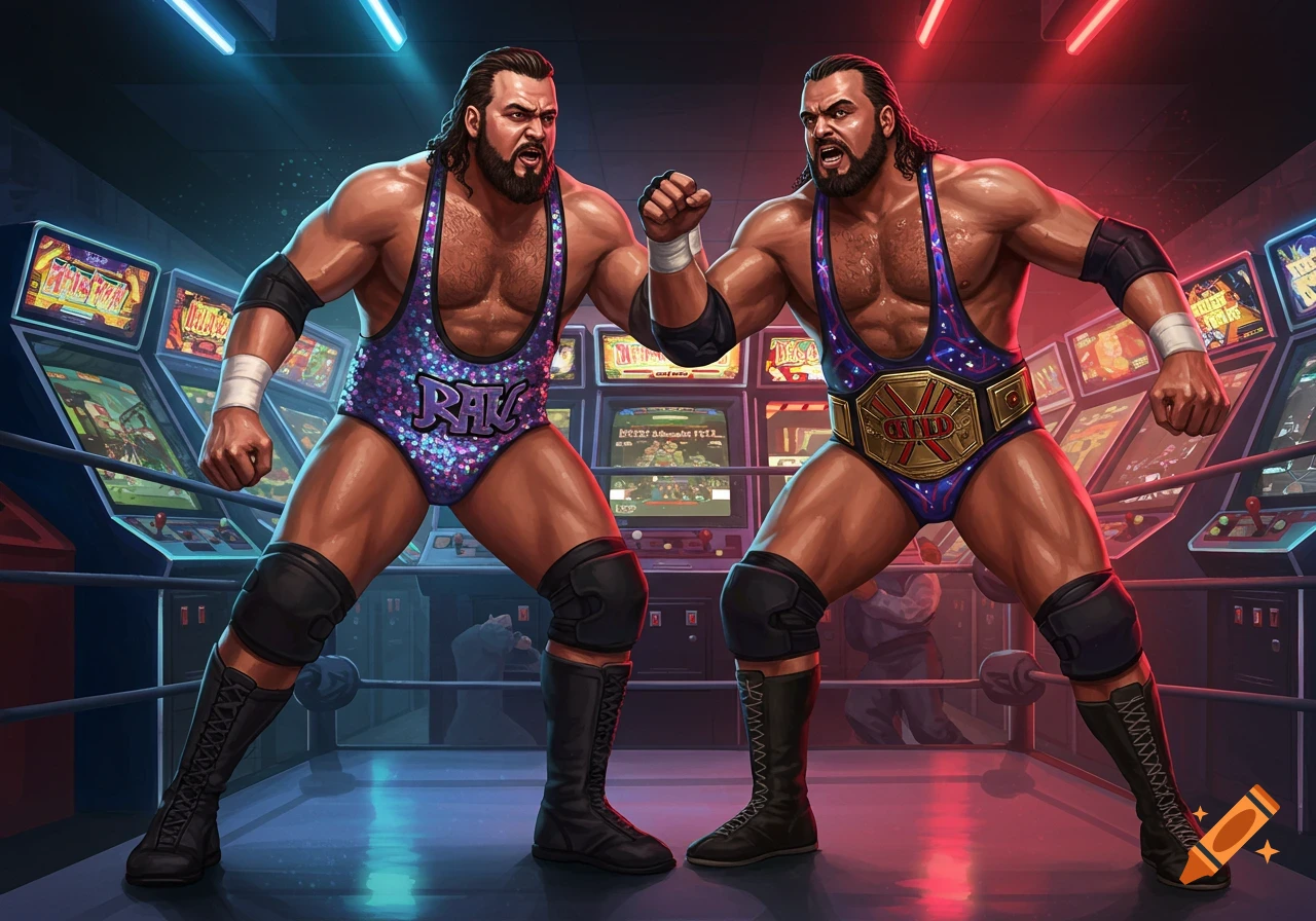 Two muscular pro wrestlers pose aggressively in a wrestling ring, surrounded by retro arcade machines, in a digital art style.